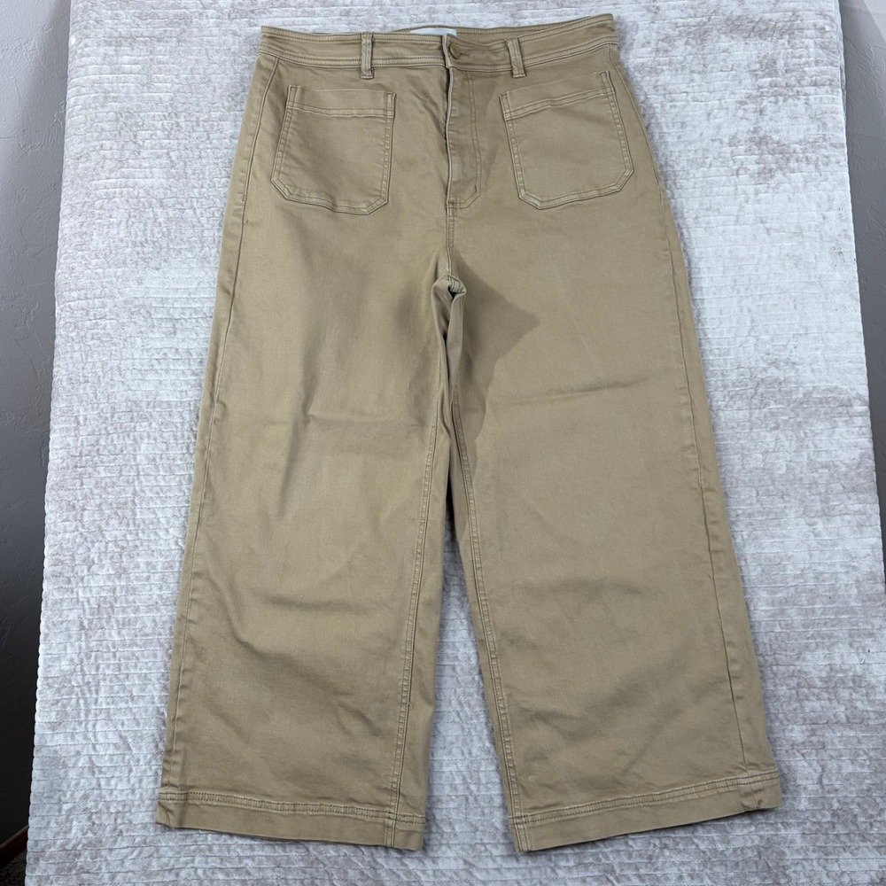Everlane Wide Leg Crop Pants Khaki Tan High Rise Patch Pocket Size 16 Stretch